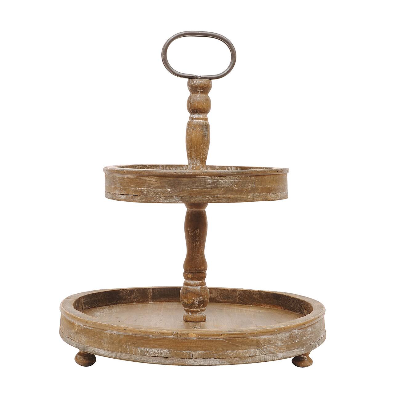Hello Honey® 18.5" Distressed Brown Wooden 2-Tier Tray with Metal Handle